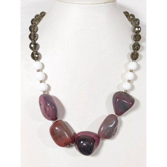 Boho Pink Agate Smokey Faceted Glass Chunky Statement Necklace 25" - Picture 1 of 12